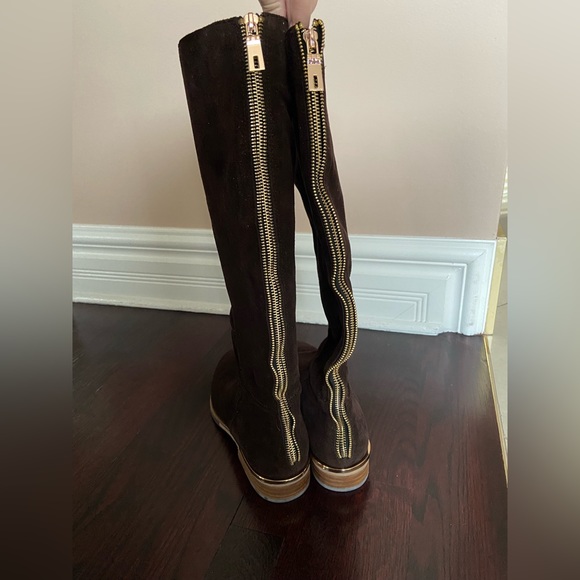 Browns Shoes Brown Boho Leather Suede Knee High Boots with Gold Tone Zipper - Picture 3 of 6